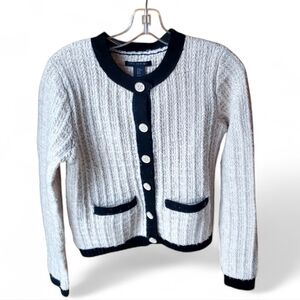 Tahari Knit Cream and Black Tipped Cardigan Sweater Jacket XS